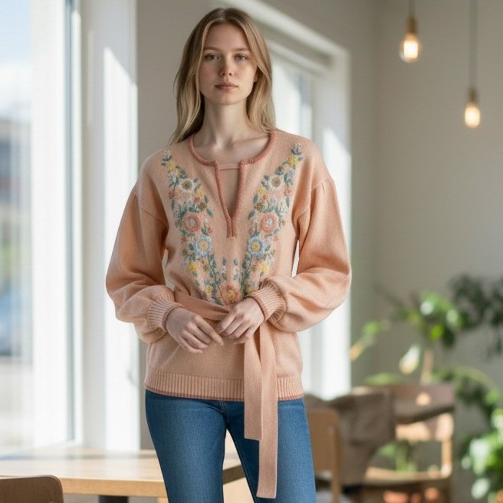 Pear Blossom Floral Embroidered Sweater Womens Large Peach Vintage Cottagecore